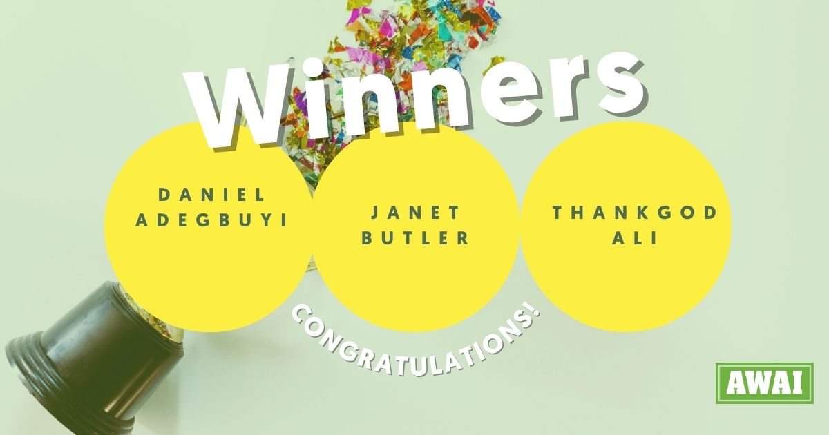 Banner announcing Daniel Adegbuyi, Janet Butler, and Thankgod Ali as the winners of the September writing contest
