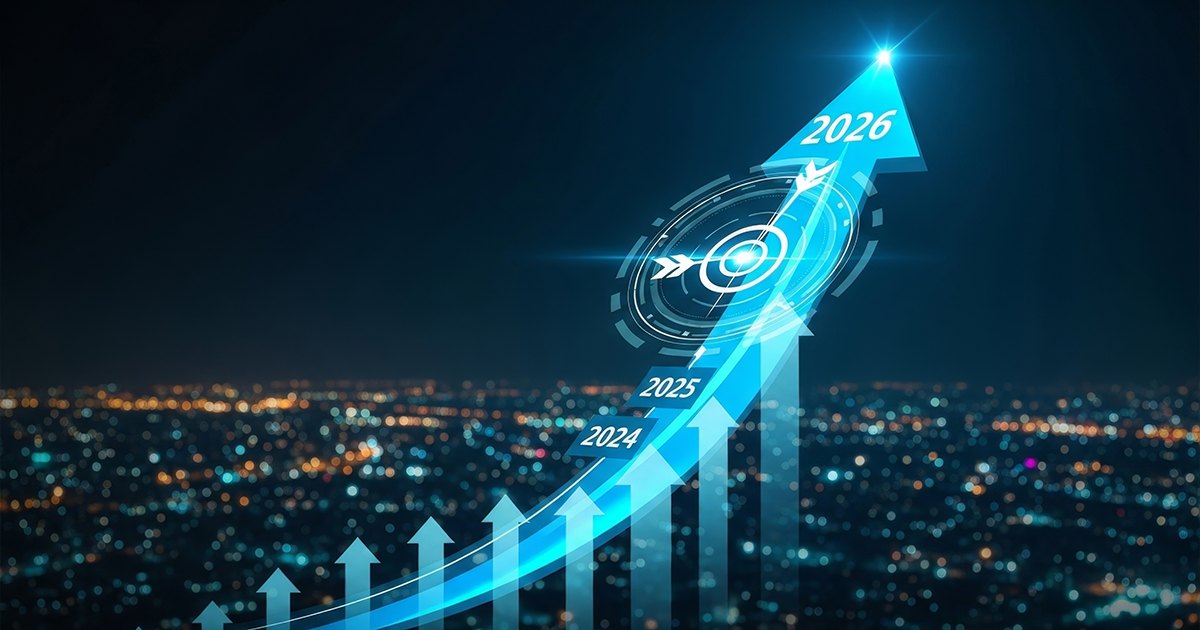 Upward-trending arrow graphic over a blurred city at night, marked with milestones for 2024, 2025, and 2026, culminating in a glowing target with arrows hitting the center, symbolizing growth, progress, and future success.