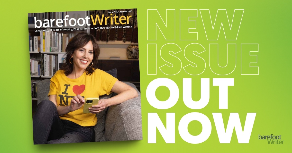 A banner with the March Barefoot Writer Magazine cover with the words: New Issue Out Now