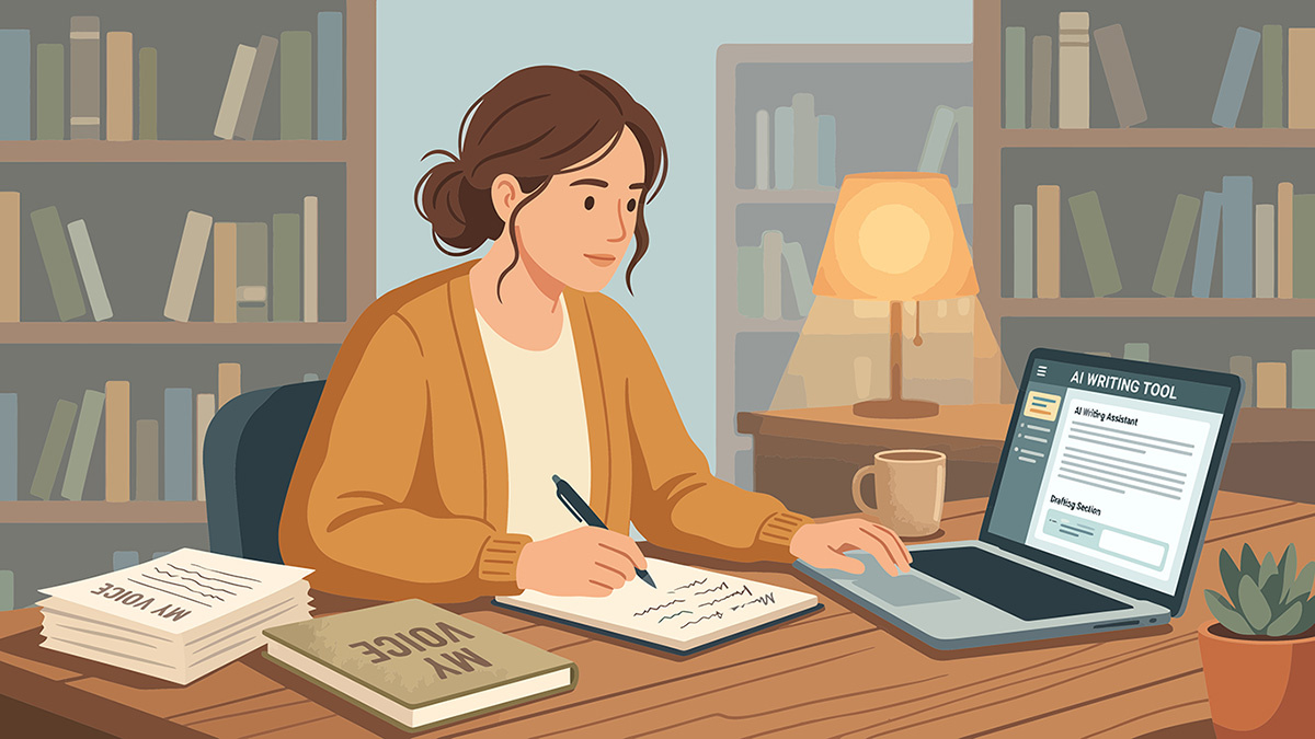 An image of a woman sitting at a desk next to books and papers that say 'My Voice'