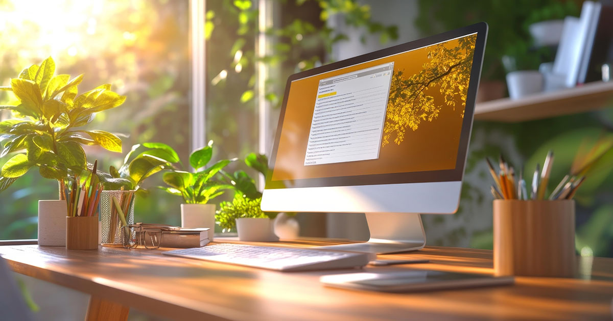 Image of a computer on a desk with plants and lots of natural sunlight
