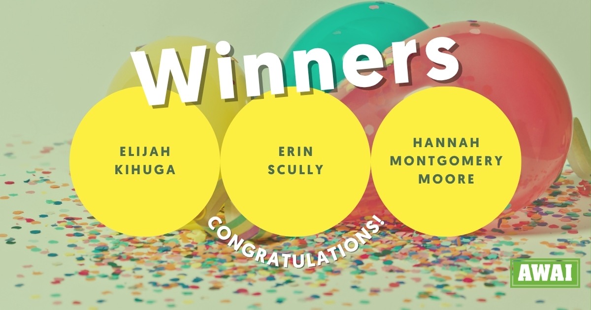 Banner announcing Elijah Kihuga, Erin Scully, and Hannah Montgomery Moore as the winners of the June new writers contest