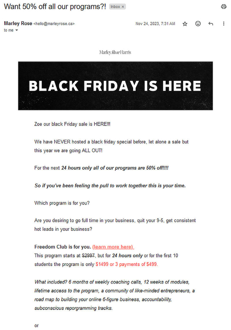 Email example from Marley Rose Harris’s direct sales email