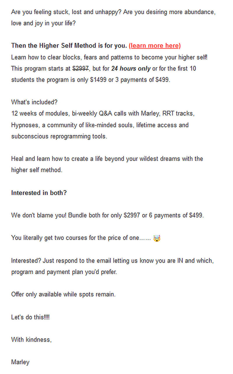 Email example from Marley Rose Harris’s direct sales email continued
