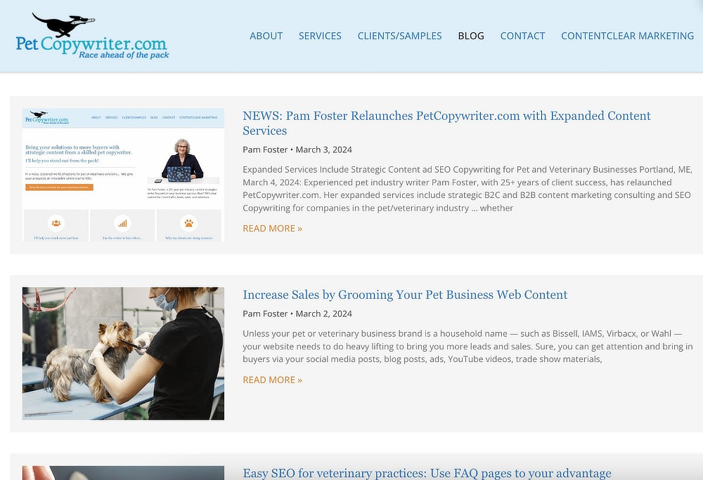 Screenshot of Pet Copywriter’s blog page