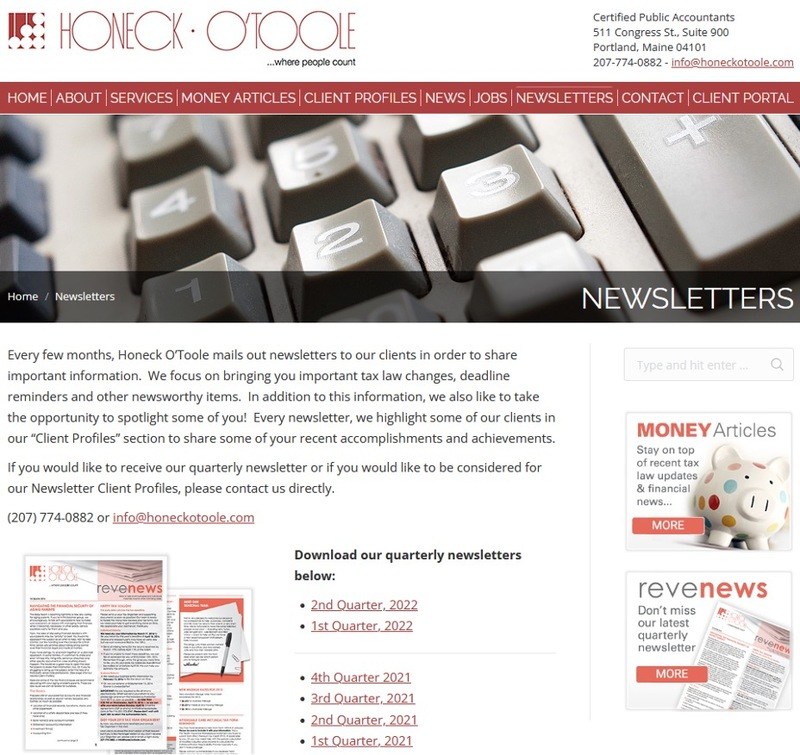 Screen shot of Honeck O’Toole accounting firm’s newsletter web page