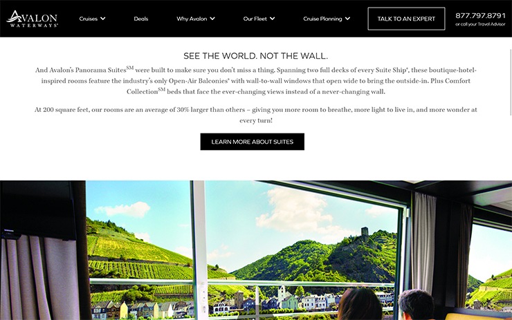Website hero section for Avalon Waterways featuring the headline &ldquo;See the world. Not the wall.&rdquo; with descriptive copy about Panorama Suites, a &ldquo;Learn more about suites&rdquo; button, and a large video showing cruise passengers looking out through floor-to-ceiling windows at a riverside town and green hills.