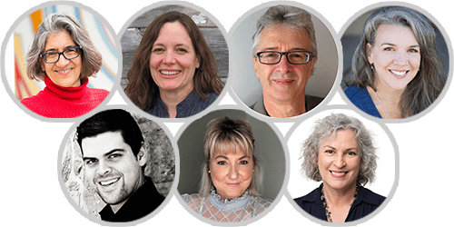 Headshots of Ilise Benun, Heather Robson, Nick Usborne, Lisa Mullis, Guillermo Rubio, Sandy Franks, and Pam Foster